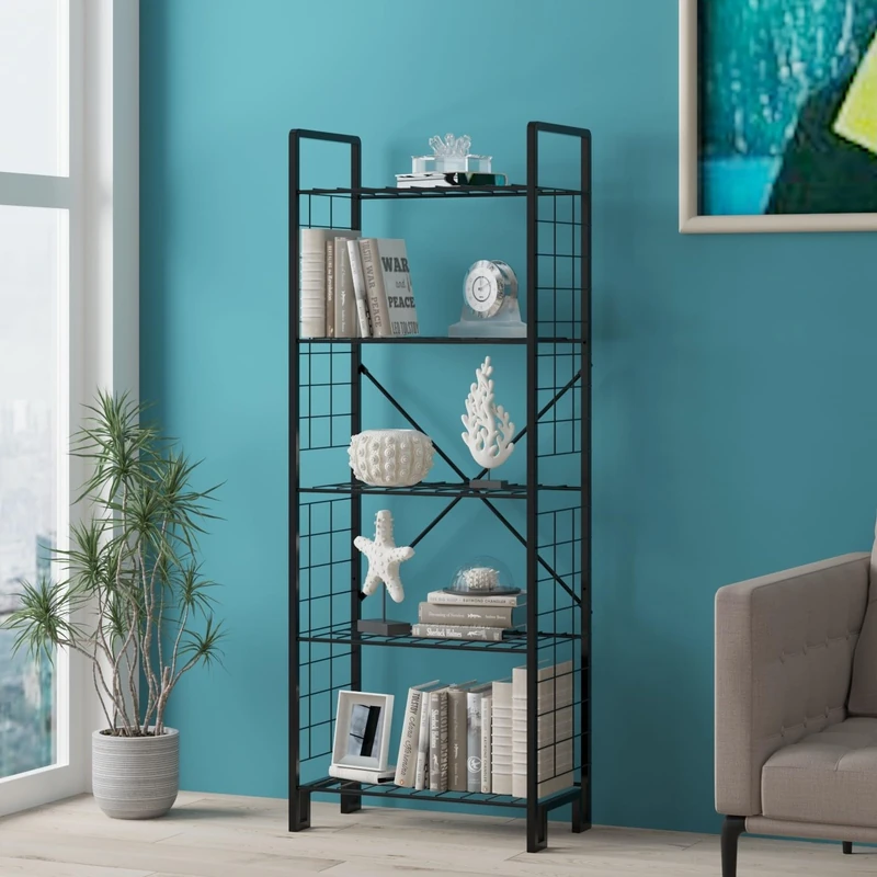 Sturdy Black Metal Bookshelf, 30 cm W x 60 cm H x 156 cm D, 100% Metal Frame, 7 mm Thickness, Ideal for Modern Home & Office Storage