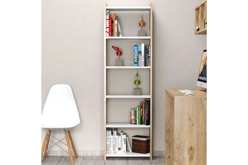 Hanah Home Stylish Wall-Mounted Bookshelf, White & Atlantic Pine, 48 x 159 x 23.5 cm, 100% Melamine Coated Particle Board, 18 mm Thick, Space-Saving Design with Numerous Shelves