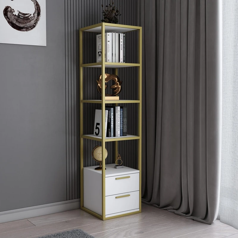Hanah Home Modern Glam Bookshelf, Gold & White, 39 x 39 x 160 cm, 100% Melamine Coated Particle Board, 18 mm Thick, Sturdy Metal Frame, Stylish Storage Solution