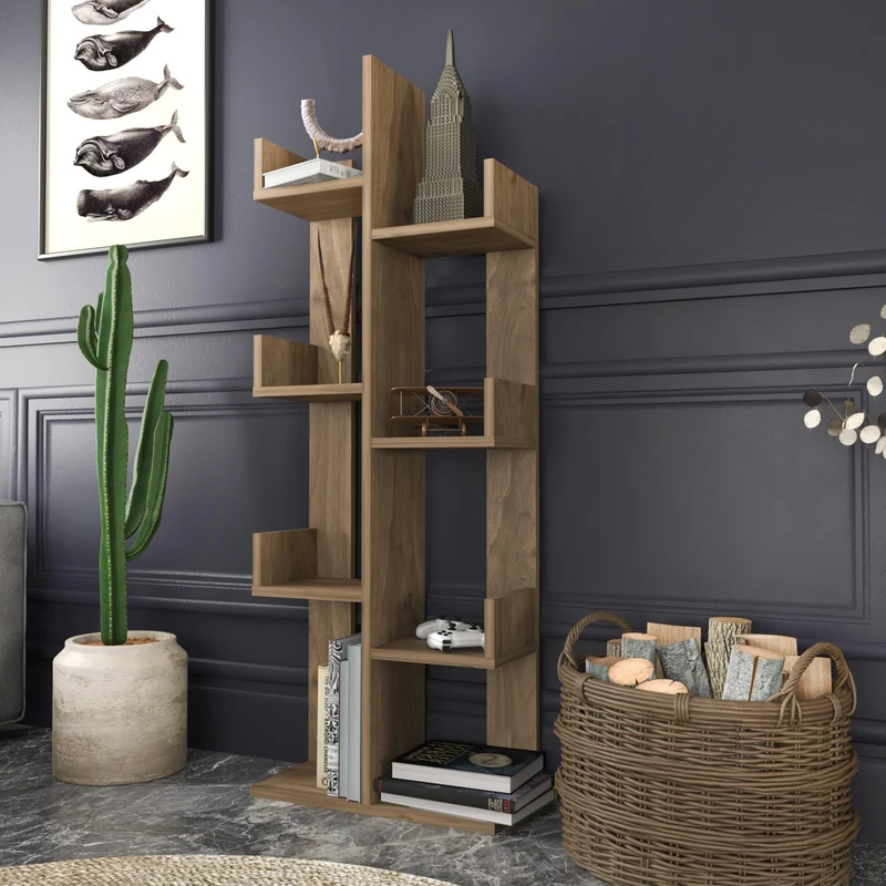 Modern Walnut Bookshelf, 50 x 22 x 173 cm, 100% Melamine Coated Particle Board, 18 mm Thick, Stylish Storage Solution for Home and Office - Image 1