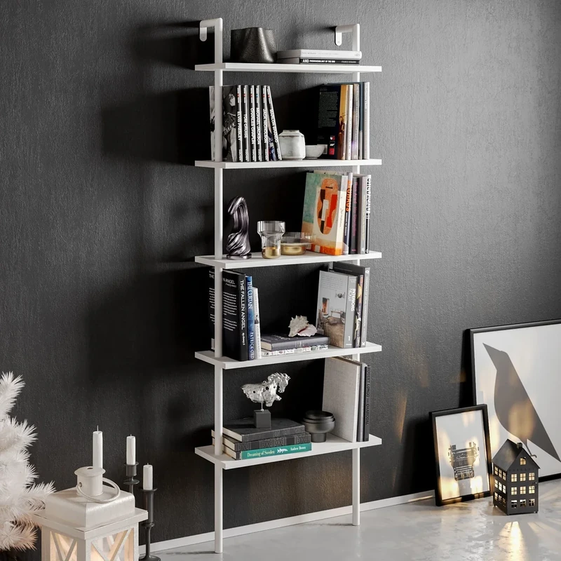 Hanah Home Scandinavian Style Bookshelf, White, 60 x 22 x 174 cm, 100% Melamine Coated Particle Board, Metal Legs, Wall Mountable, 18 mm Thickness, Multiple Shelves