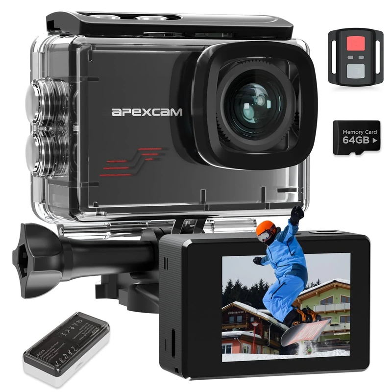 Apexcam M80 Action Cam with 64 GB Card 4 K 60 FPS 48 MP WiFi 40 m Ultra HD Underwater Waterproof Sports Camera 8 x Zoom Pre-Recording Wide Angle with 2 x 1350 Battery Accessories Kit