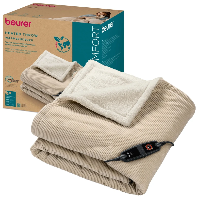 Beurer HD 80 Cord Beige Electric Blanket, Cuddly Heat Blanket with 6 Temperature Levels, Recycled Materials, with Automatic Shut-Off and Safety System, Cuddly Blanket Made of Trendy, Soft Corduroy