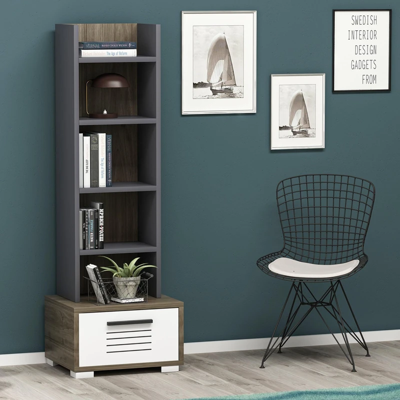 Hanah Home Modern Bookshelf with Numerous Shelves, Walnut & White/Anthracite, 35 cm W x 152.2 cm H x 25.6 cm D, 100% Melamine Coated, 18 mm Thick, Stylish Storage Solution - Image 1