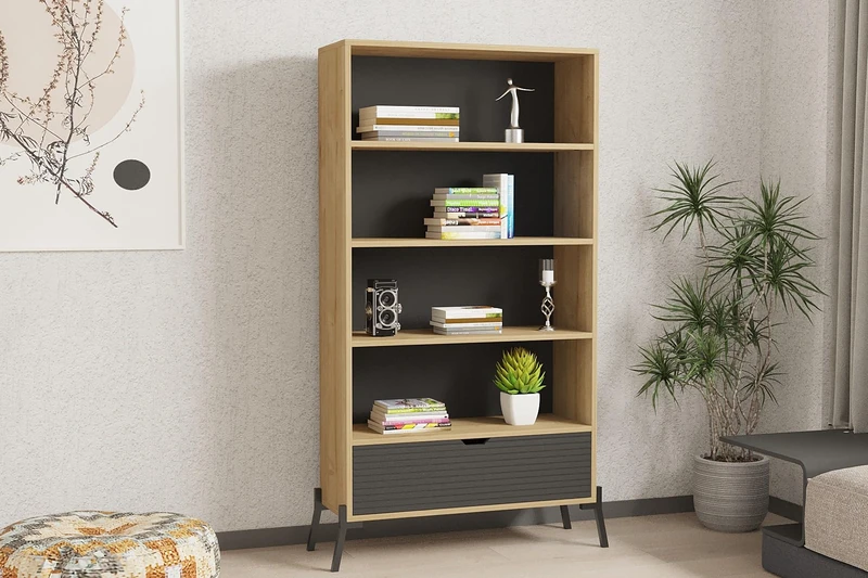 Hanah Home Industrial Bookshelf with Iron Legs, Sapphire Oak & Anthracite, 83.6 x 160 x 30 cm, 100% Melamine Coated, 18 mm Thick, Stylish Storage Solution - Image 1