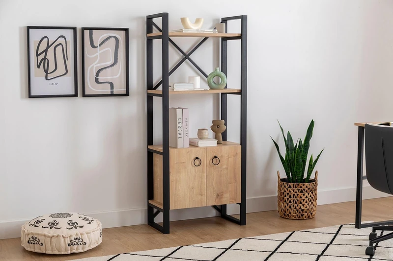 Hanah Home Industrial Bookshelf, Sapphire & Black, 64 x 160 x 32 cm, 100% Melamine Coated Particle Board, 18 mm Thick, Sturdy Metal Frame, Stylish Storage Solution for Modern Spaces