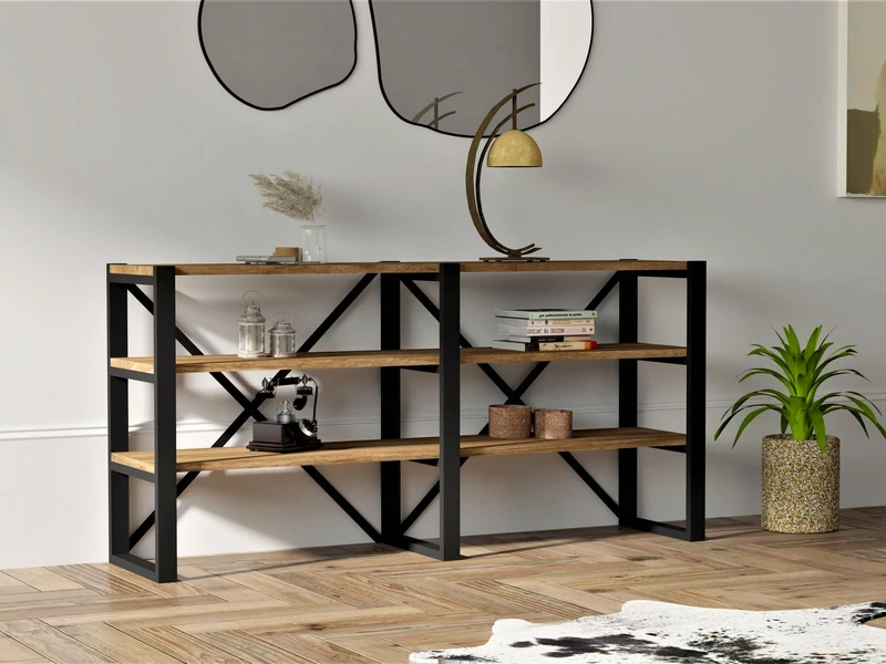 Hanah Home Industrial Bookshelf, Walnut & Black, 133.2 x 65 x 32.1 cm, 100% Melamine Coated Particle Board, 18 mm Thick, Wall-Mountable, Stylish Storage Solution