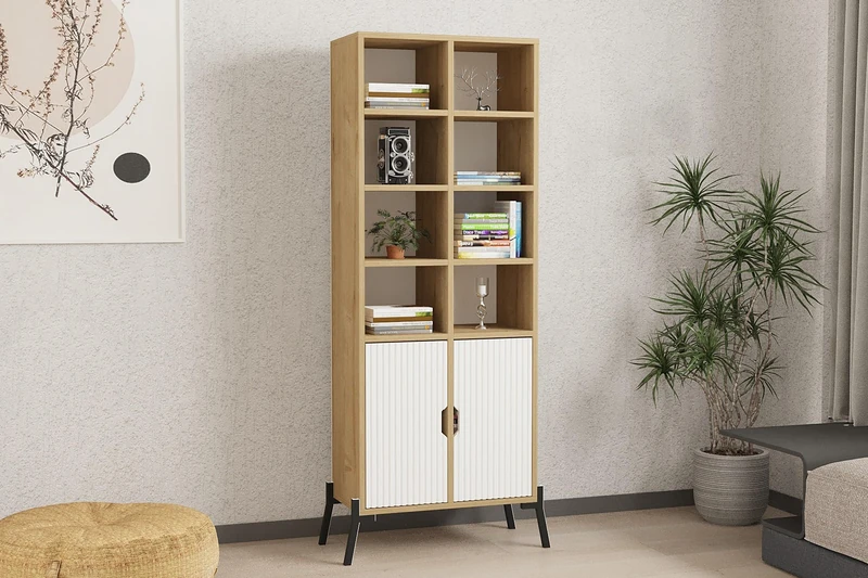 Hanah Home Scandinavian Bookshelf, Sapphire Oak & White, 58.6 x 30 x 160 cm, 100% Melamine Coated, MDF Membrane Door, Iron Legs, Stylish Storage Solution
