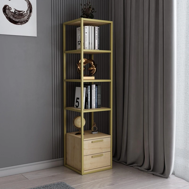 Modern Glam Bookshelf, Gold & Oak, 39 x 39 x 160 cm, 100% Melamine Coated Particle Board, 18 mm Thick, Sturdy Metal Frame, Stylish Storage for Home and Office