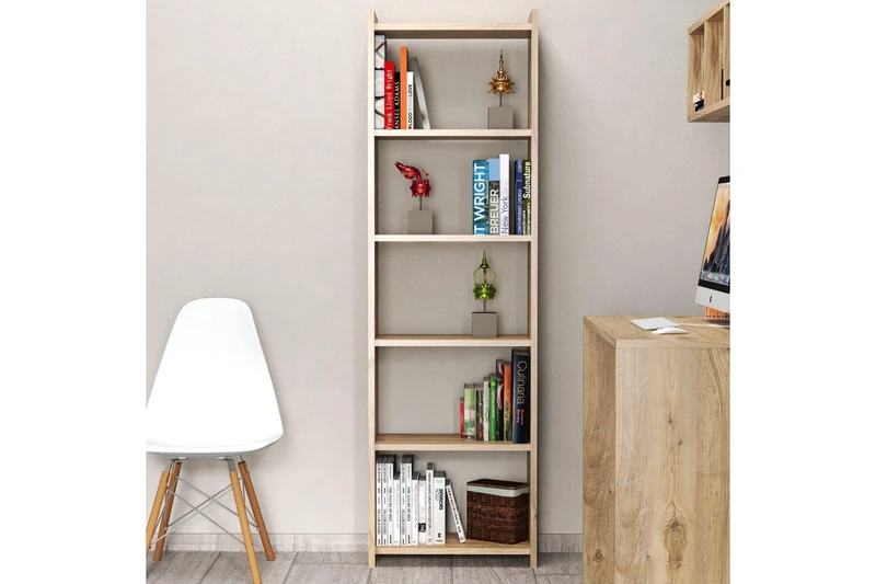 Hanah Home Stylish Atlantic Pine Bookshelf, 48 x 159 x 23.5 cm, 100% Melamine Coated Particle Board, 18 mm Thick, Wall-Mountable with Numerous Shelves