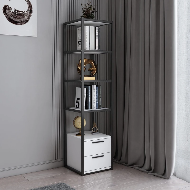 Modern Bookshelf, Black & White, 39 x 39 x 160 cm, 100% Melamine Coated Particle Board, 18 mm Thick, Sturdy Metal Frame, Stylish Storage for Home and Office
