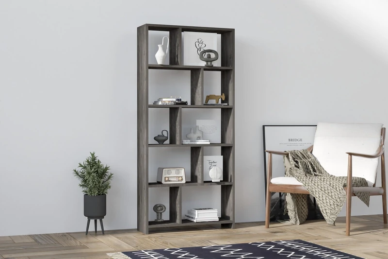 Hanah Home Stylish Anthracite Bookshelf, 70 cm x 161.8 cm x 22 cm, 100% Melamine Coated Particle Board, 18 mm Thick, Wall Mountable, Multiple Shelves for Extra Storage - Image 1