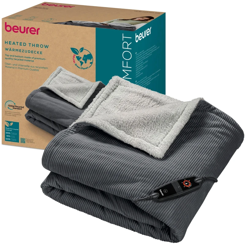 Beurer HD 80 Electric Blanket, Soft Corduroy, 6 Temperature Levels, Automatic Shut-off Mechanism and Safety System, Machine Washable, 180 x 130 cm, Grey