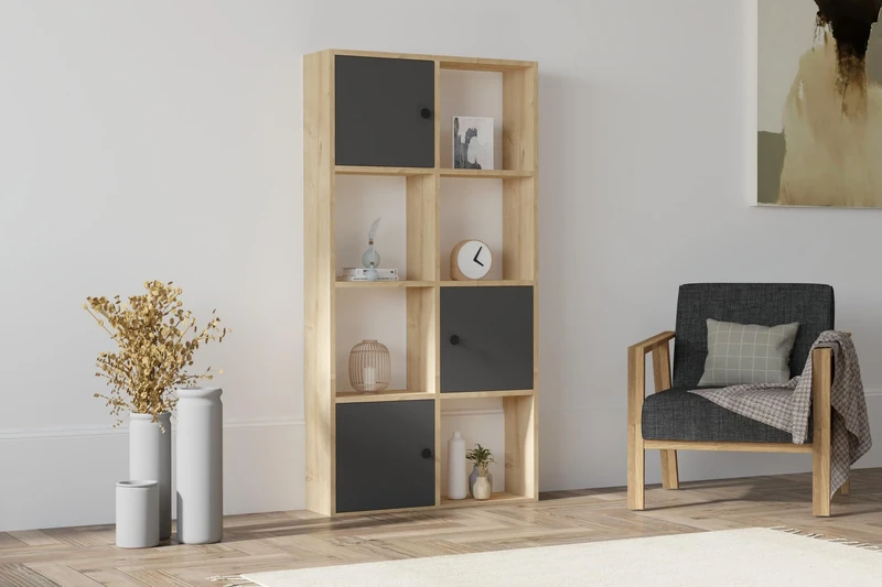 Hanah Home Scandinavian Wall-Mounted Bookshelf, Sapphire & Anthracite, 77.8 x 151.4 x 22 cm, 100% Melamine Coated Particle Board, 18 mm Thick, Stylish & Space-Saving Design - Image 1