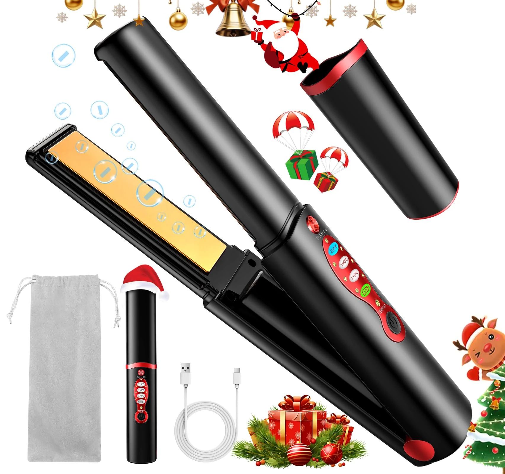 Cordless Titanium Hair Straightener and Curler, Mini Portable USB Rechargeable Fast Heat Up Flat Iron with 5V/5000mAh Battery, Anti-Scald 3-Level for Swift, Smooth and Glossy Hair, Pink (Black)