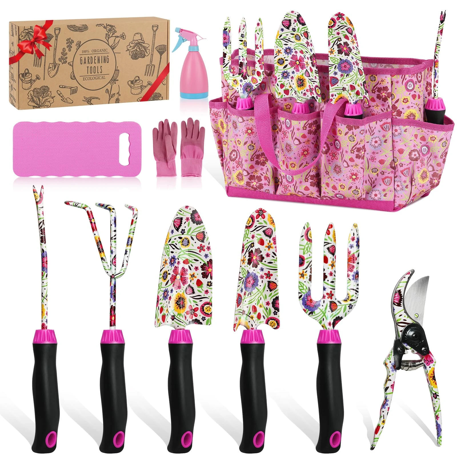 Housolution 10 PCS Gardening Hand Tools Kit, Heavy Duty Stainless Steel, Non-Slip Rubber Handle, Pink, Gardening Tool Set Gifts for Women Birthday Mother's Day