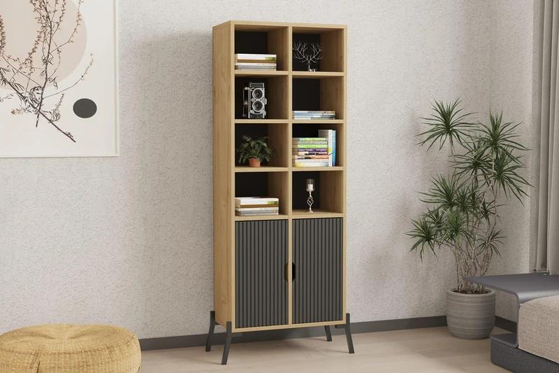 Hanah Home Industrial Bookshelf with Iron Legs, Sapphire Oak & Anthracite, 58.6 x 160 x 30 cm, 100% Melamine Coated, 18 mm Thick, Stylish Storage Solution for Modern Spaces