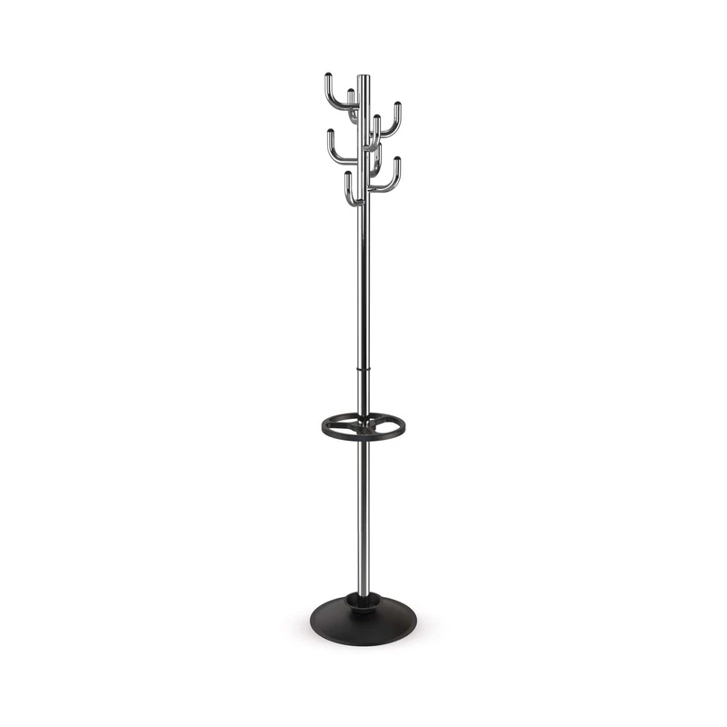 MAUL MAULpolaris Coat Rack 36.5 x 36.5 x 177 cm | Coat Stand with Umbrella Holder and 8 Hooks | Hallway Coat Rack for Office, Reception Area | Sturdy Steel Clothes Stand | Chrome