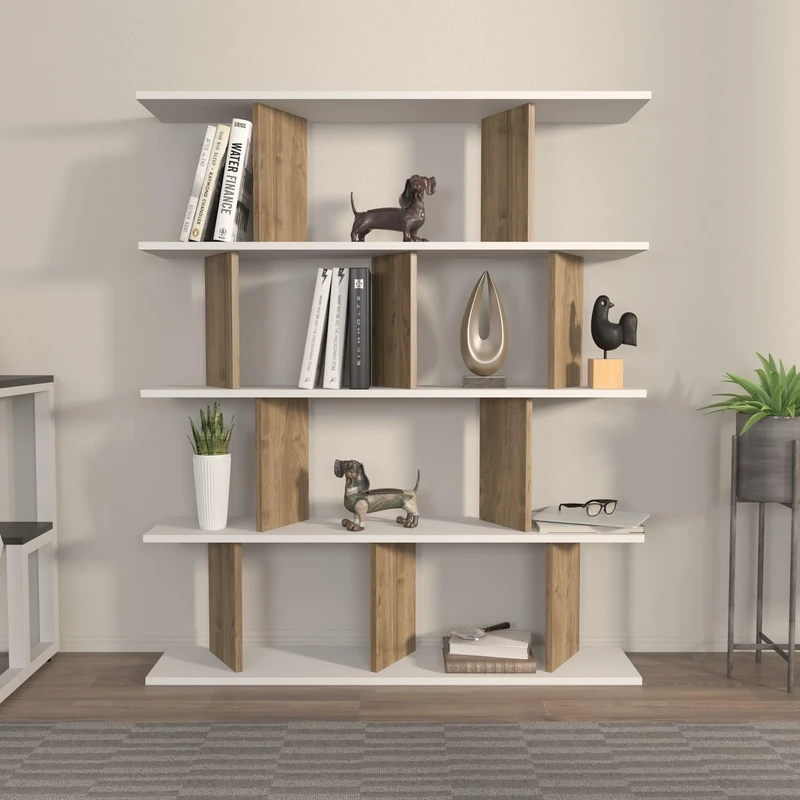 Stylish Bookshelf, White & Walnut, 120 x 141 x 24.6 cm, 100% Melamine Coated Particle Board, 18 mm Thick, Perfect for Modern Home & Office Decor - Image 1