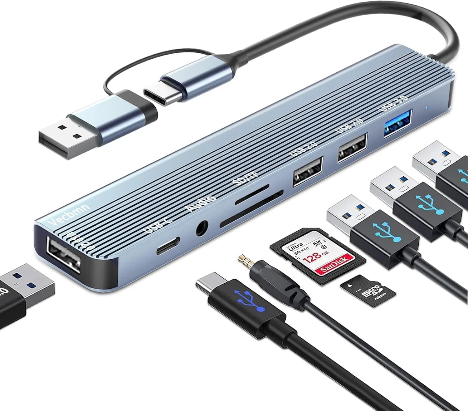 USB C Hub 3.0, 8 in 1 USB Adapter USB C Multiport Adapter with SD, TF, USB 3.0, USB 2.0, 3.5 mm Audio ports, Hub USB C for MacBook Air/Pro, Galaxy, iPad, Windows