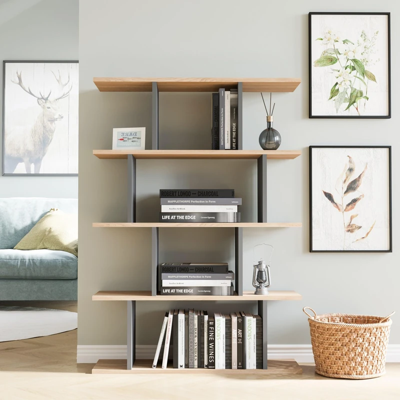 Hanah Home Stylish Wall-Mounted Bookshelf, Oak & Anthracite, 90 x 25 x 127.4 cm, 100% Melamine Coated Particle Board, 18 mm Thick, Space-Saving Design with Numerous Shelves