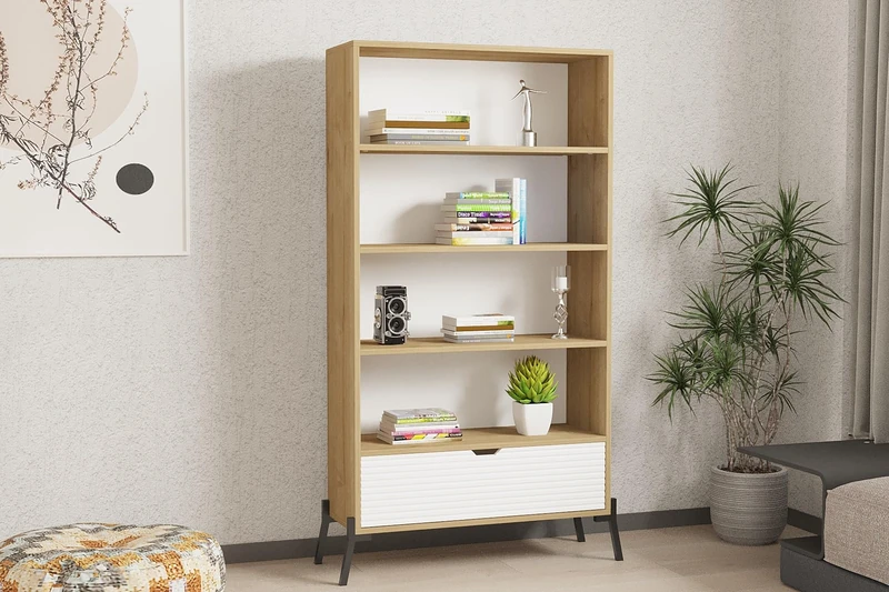 Hanah Home Scandinavian Bookshelf, Sapphire Oak & White, 83.6 x 30 x 160 cm, 100% Melamine Coated, MDF Membrane Door, Iron Legs, Stylish Storage Solution