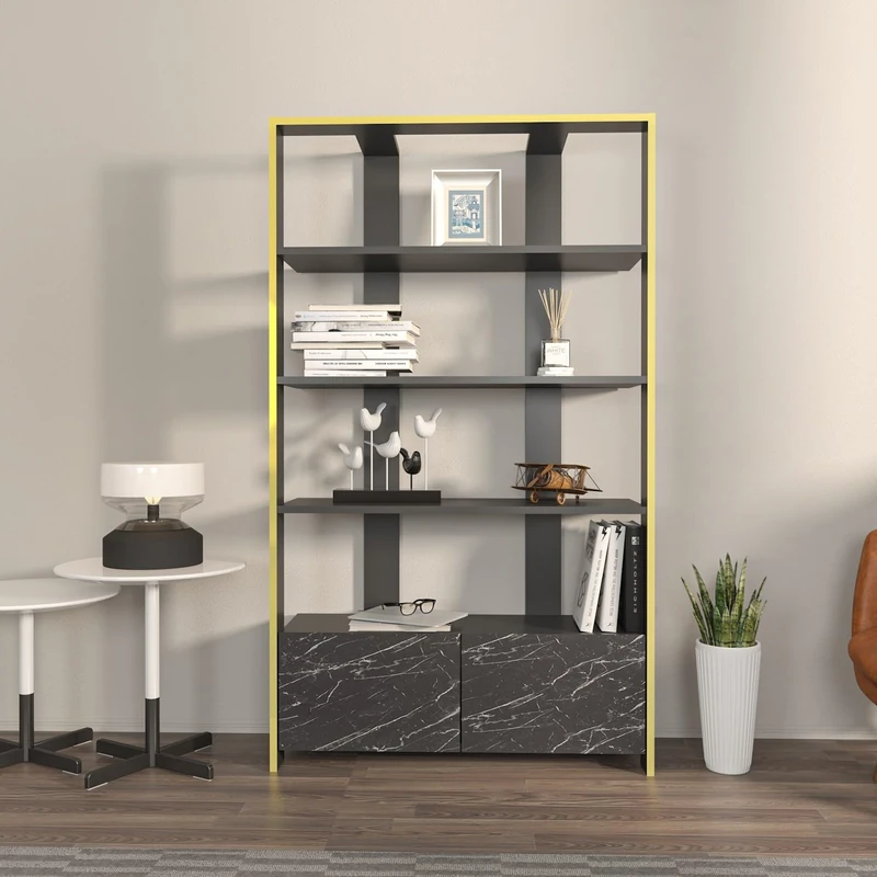 Stylish Black & Marble Bookshelf, 93.6 x 31.5 x 160 cm, 100% Melamine Coated Particle Board, 18 mm Thick, Modern Storage Solution for Home and Office