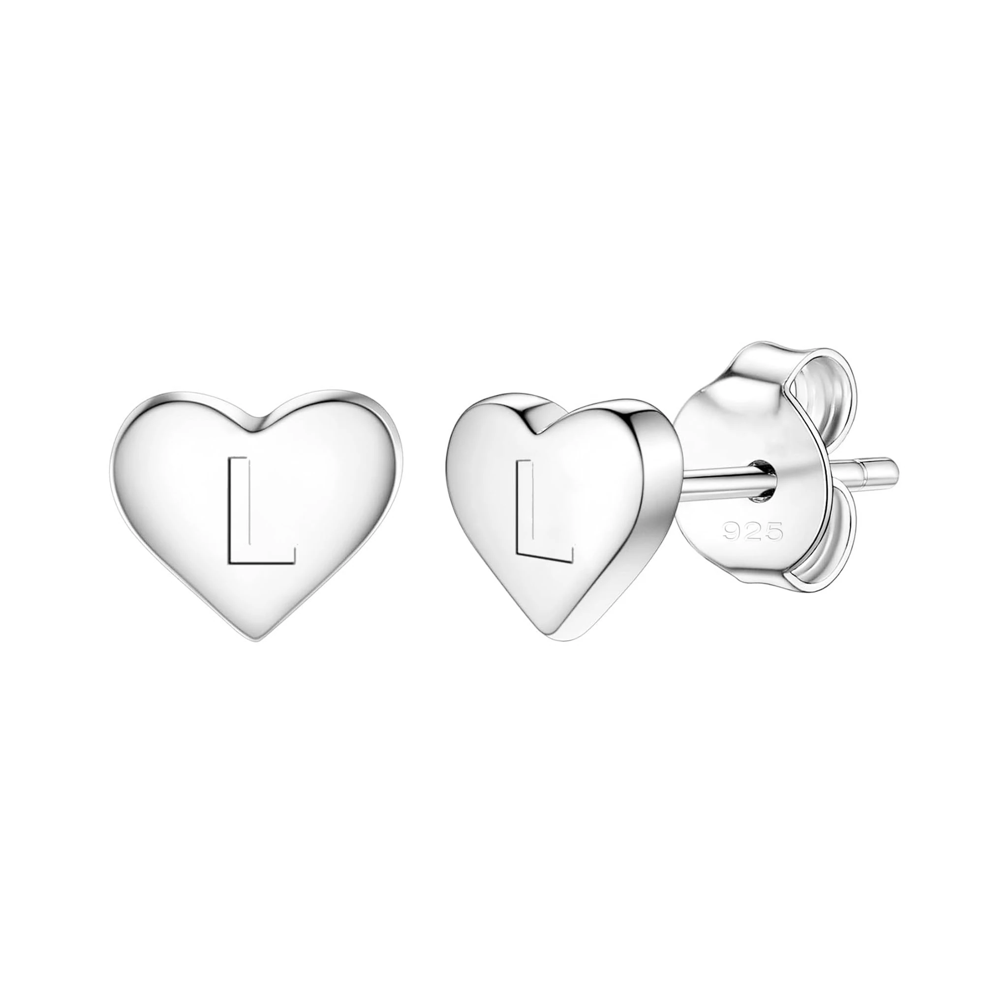 Delicate S925 Silver Heart Pendant Earrings Gift 26 Letter Initial A-Z Stud Erarrings For Women Girls Mum Daughter Sisters Friends Lover Birthday Christmas Party Silver Jewellery (L)
