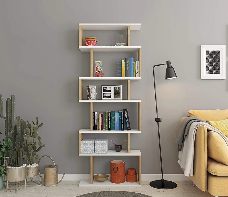 Hanah Home Stylish Wall-Mounted Bookshelf, White & Oak, 60 x 19.6 x 160 cm, 100% Melamine Coated Particle Board, 18 mm Thick, Space-Saving Design with Numerous Shelves