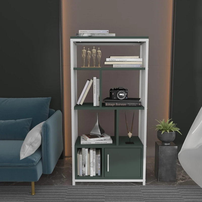 Stylish Green & White Bookshelf, 60 cm x 120 cm x 29.6 cm, 100% Melamine Coated Particle Board, 18 mm Thick, Perfect for Modern Home Decor & Organization