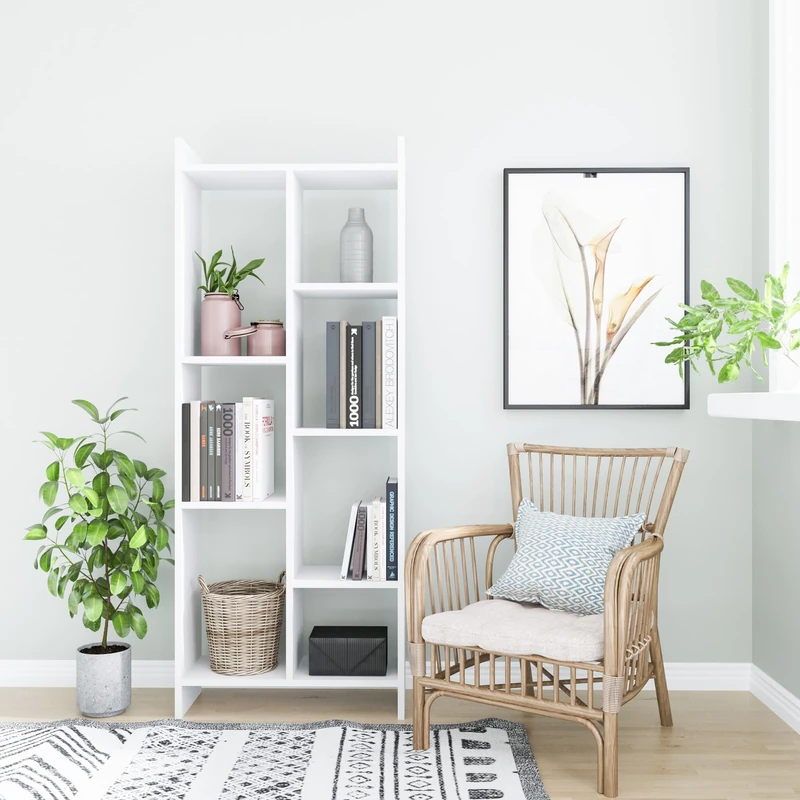 Modern White Bookshelf, 63.2 cm x 25 cm x 160 cm, 100% Melamine Coated Particle Board, 18 mm Thick, Wall Mountable, Scandinavian Design, Ideal for Home & School - Image 1