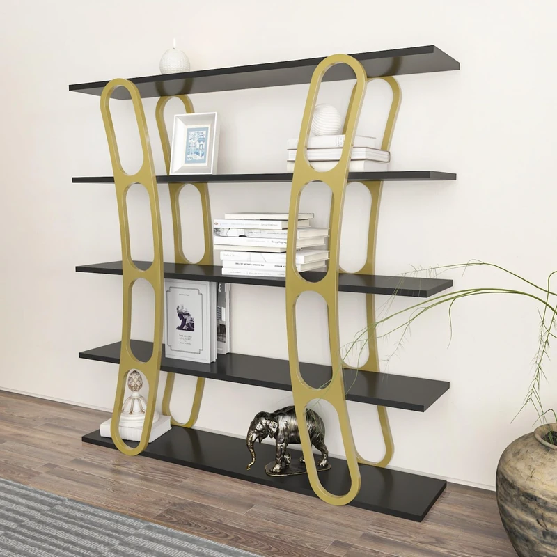 Elegant Black & Gold Bookshelf, 120 x 120 x 25 cm, 100% Melamine Coated Particle Board, 18 mm Thick, Stylish Storage for Modern Home & Office