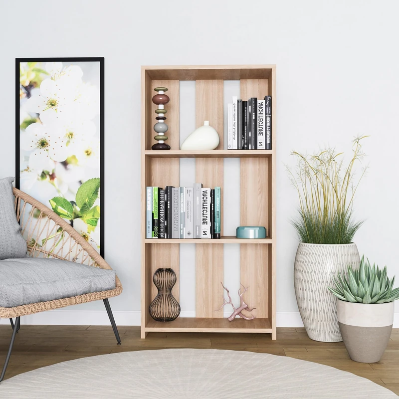 Hanah Home Stylish Oak Bookshelf, 60 x 25 x 121.8 cm, 100% Melamine Coated Particle Board, 18 mm Thick, Wall-Mountable, Space-Saving Design for Modern Homes - Image 1