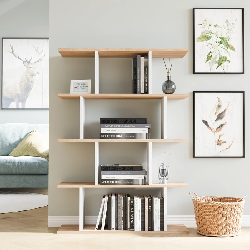 Hanah Home Stylish Oak & White Bookshelf, 90 cm x 25 cm x 127.4 cm, 100% Melamine Coated Particle Board, 18 mm Thick, Wall Mountable, Multiple Shelves for Modern Spaces - Image 1