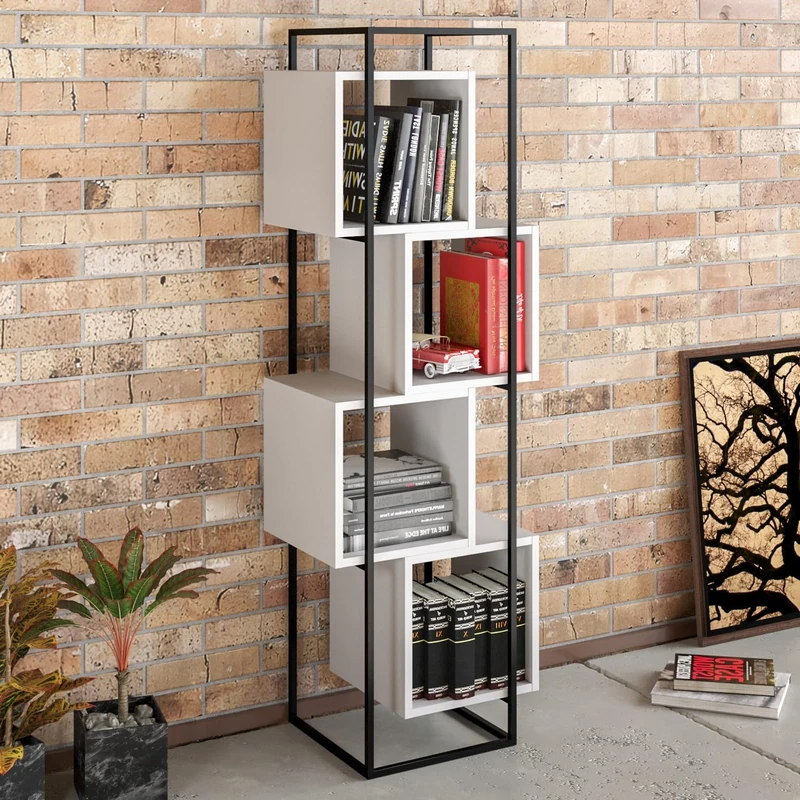 Hanah Home Modern Bookshelf, Black & White, 52 x 160 x 38 cm, 100% Melamine Coated Particle Board & Metal Frame, Wall-Mountable, Stylish Storage Solution