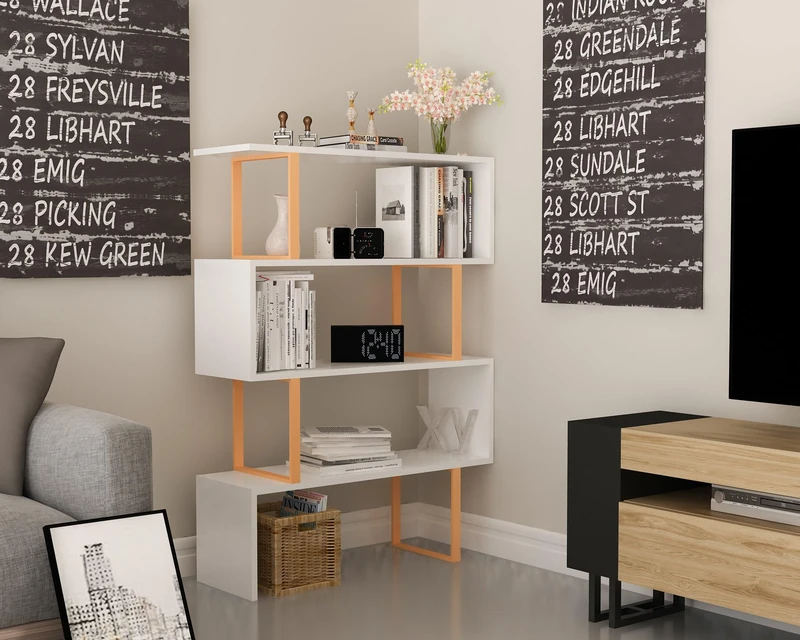 Hanah Home Modern Gold & White Bookshelf, 91.5 x 124.5 x 29.5 cm, 100% Melamine Coated Particle Board, 18 mm Thick, Metal Frame, Wall Mountable, Stylish Storage Solution - Image 1