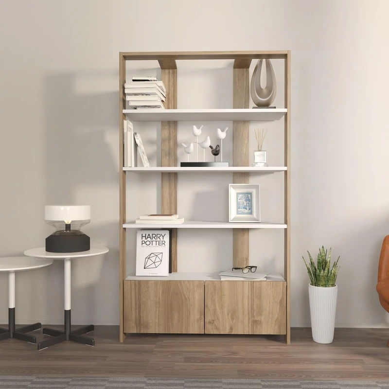 Hanah Home Elegant Bookshelf, White & Walnut, 93.6 x 31.5 x 160 cm, 100% Melamine Coated Particle Board, 18 mm Thick, Stylish Storage for Modern Homes