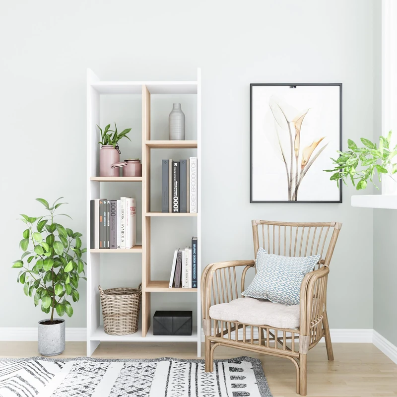Hanah Home Modern Scandinavian Bookshelf, White & Oak, 63.2 x 25 x 160 cm, 100% Melamine Coated Particle Board, 18 mm Thick, Wall-Mountable, Stylish & Functional
