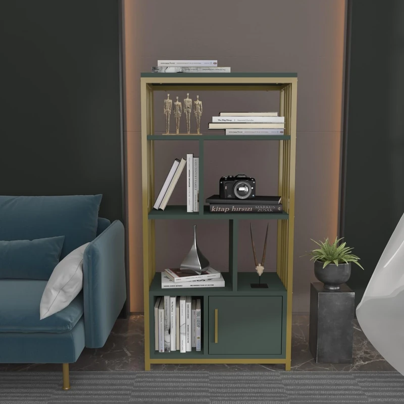 Hanah Home Elegant Green & Gold Bookshelf, 60 cm x 120 cm x 29.6 cm, 100% Melamine Coated Particle Board, 18 mm Thick, Stylish Storage for Modern Spaces