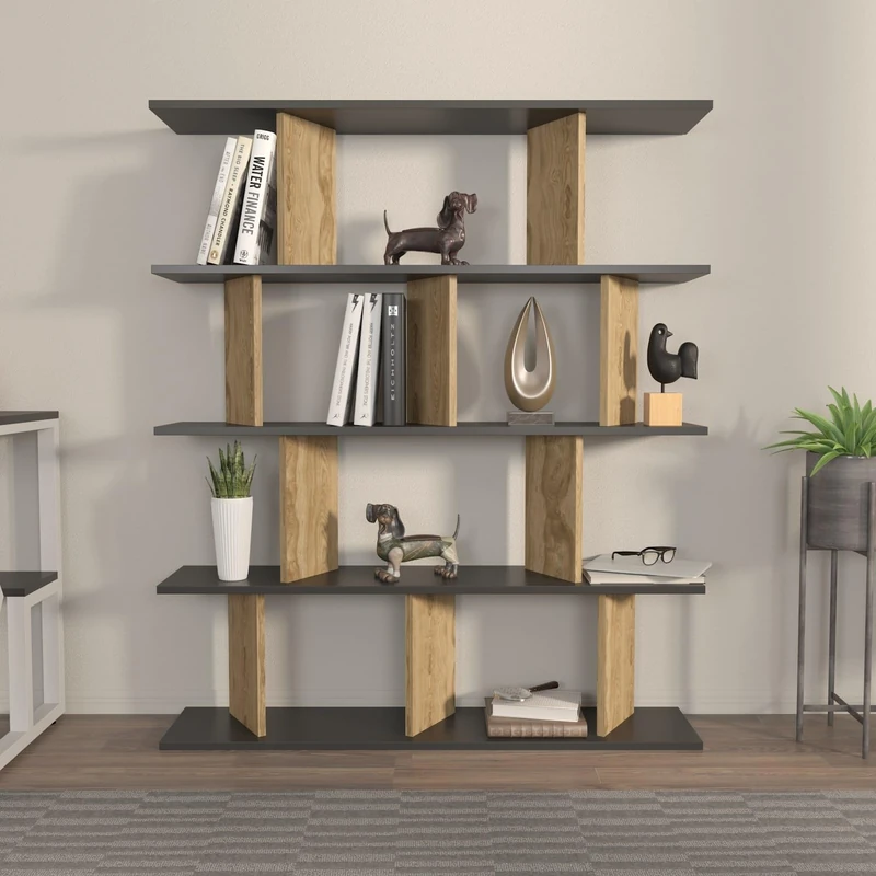 Stylish Bookshelf, Black & Oak, 120 x 141 x 24.6 cm, 100% Melamine Coated Particle Board, 18 mm Thick, Perfect for Modern Home & Office Decor - Image 1