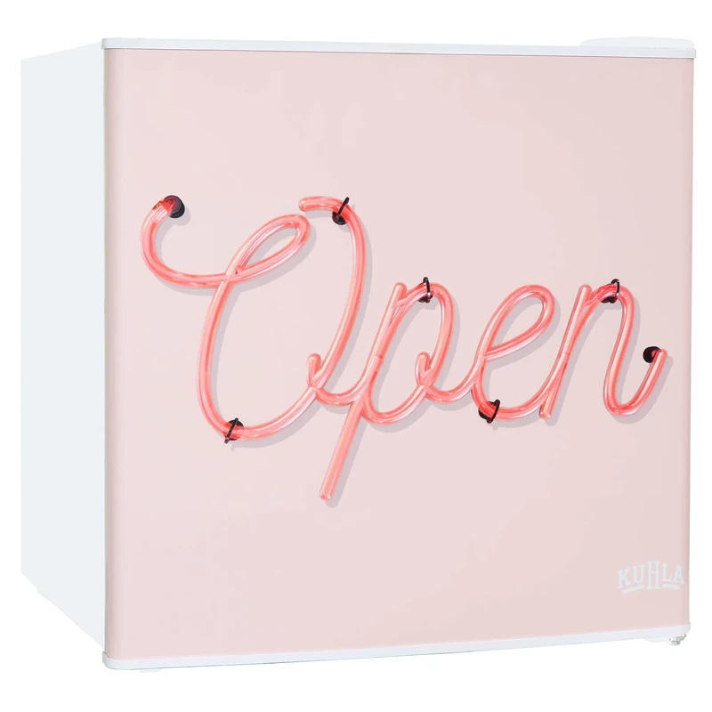 Kuhla Table Top Mini Fridge with Ice Box 45 Litre Adjustable Thermostat, Door Racks & Removable Shelf, Small Drinks Fridge Pink Open Door Design White KTTF0E6W-1025