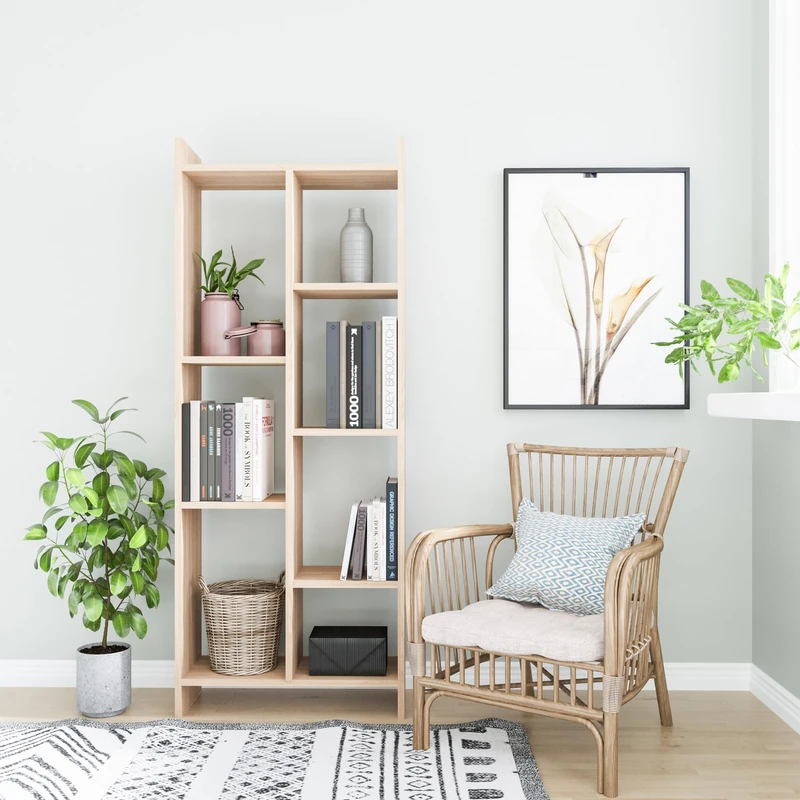 Modern Oak Bookshelf, 63.2 cm Wide, 160 cm High, 100% Melamine Coated Particle Board, 18 mm Thick, Wall Mountable, Scandinavian Design, Stylish Storage - Image 1