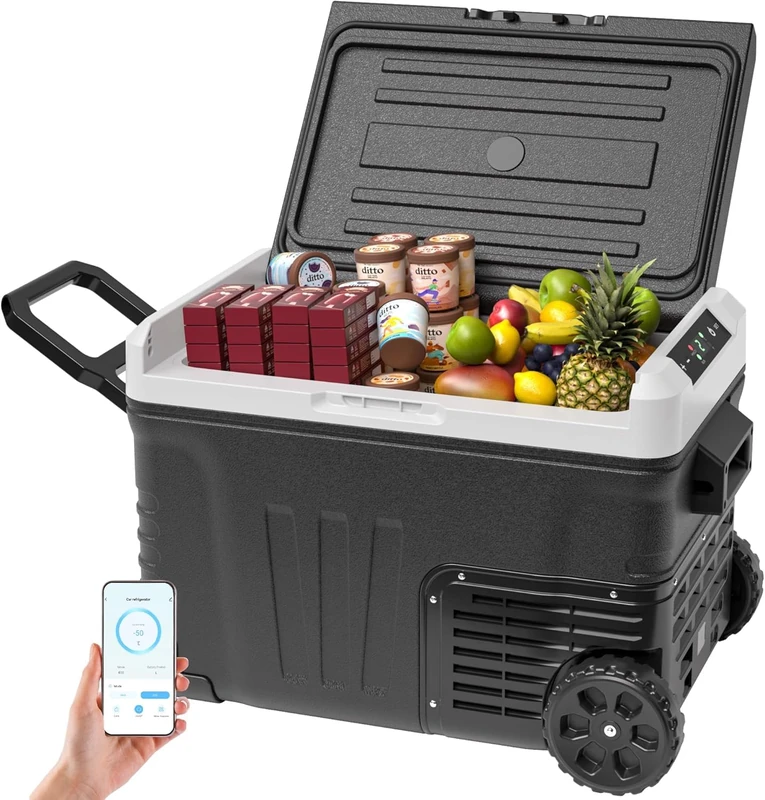 EUHOMY 12V Car Refrigerator 35L Compressor Portable Freezer DC 12V/24V AC 220-240V 12V - 20°C - 20°C with APP Control - Cool Box with Wheels and 2 Baskets - Image 1