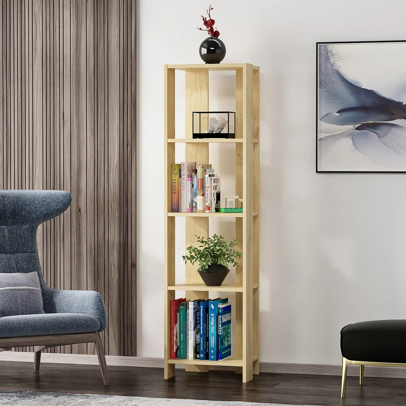Stylish Oak Bookshelf, 160 cm Height, 43.4 cm Width, 31.5 cm Depth | 100% Melamine Coated Particle Board, 18 mm Thick | Wall Mountable, Space-Saving Design - Image 1