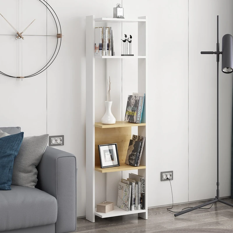 Stylish Wall-Mounted Bookshelf, White & Oak, 165 cm Height, 100% Melamine Coated Particle Board, 18 mm Thick, Multiple Shelves for Modern Spaces - Image 1