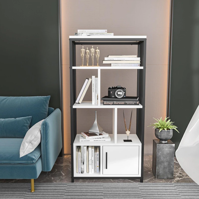 Stylish Bookshelf, White & Black, 60 x 120 x 29.6 cm, 100% Melamine Coated Particle Board, 18 mm Thick, Perfect for Modern Home & Office Decor
