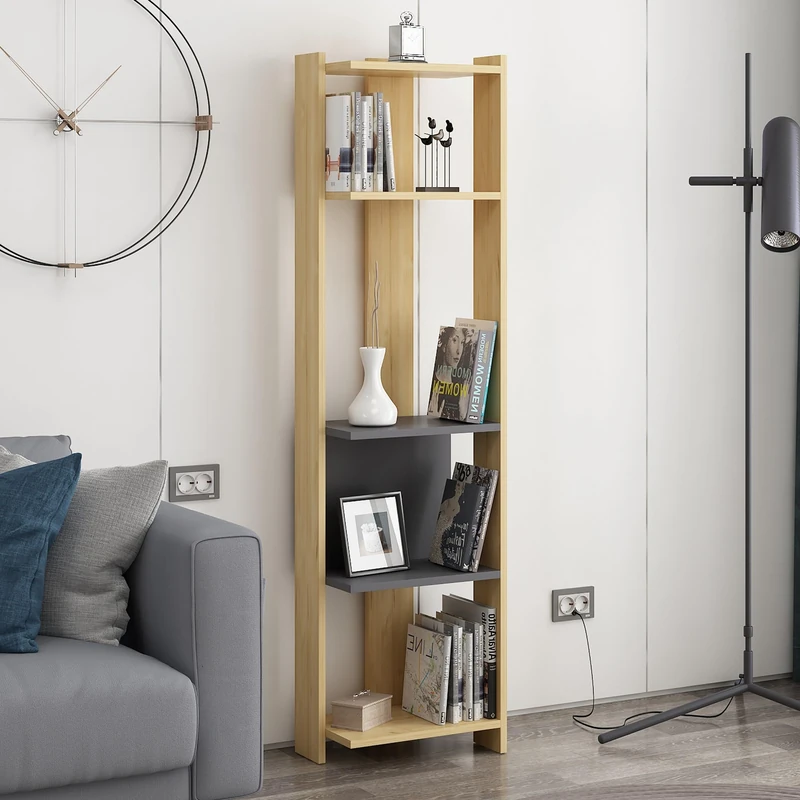 Stylish Wall-Mounted Bookshelf, Oak & Anthracite, 165 cm Height, 100% Melamine Coated Particle Board, 18 mm Thick, Multiple Shelves for Modern Spaces - Image 1