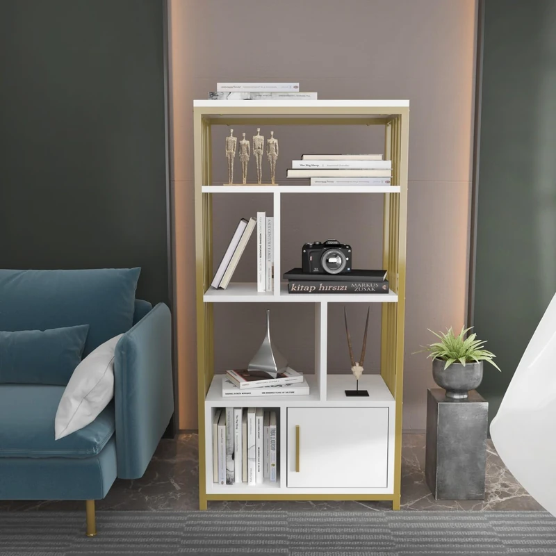 Hanah Home Elegant White & Gold Bookshelf, 60 cm x 120 cm x 29.6 cm, 100% Melamine Coated Particle Board, 18 mm Thick, Stylish Storage for Modern Homes