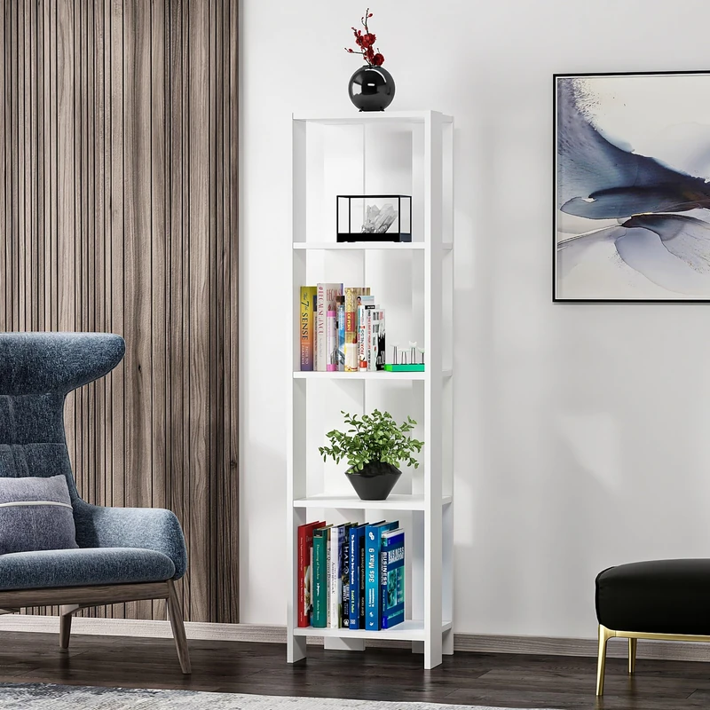 Stylish White Bookshelf, 160 cm Height, 43.4 cm Width, 31.5 cm Depth | 100% Melamine Coated Particle Board, 18 mm Thick | Wall Mountable, Space-Saving Design - Image 1