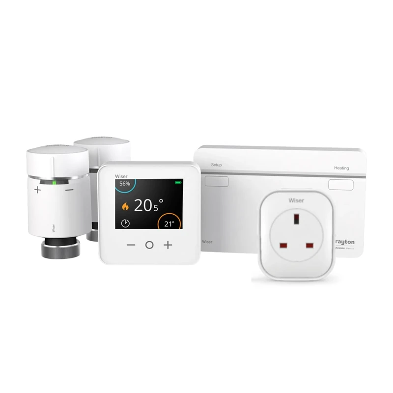 Drayton Wiser Smart Thermostat Heating Kit with 2 x TRV + Smart Plug – Complete Heating & Hot Water Control for Conventional Boiler - DIY Install, White